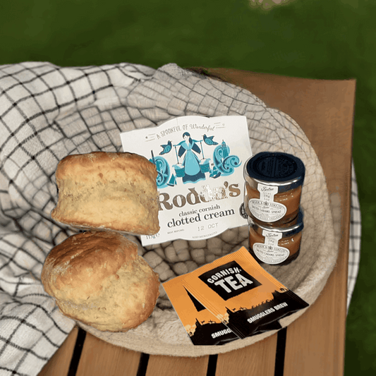 Banana scones with salted caramel spread and clotted cream. Cornish cream tea in a box by post