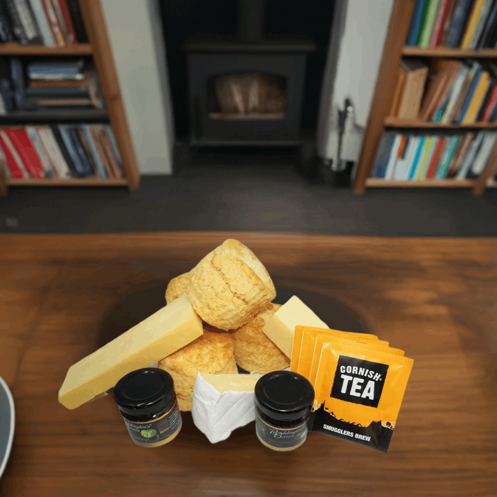 savoury afternoon tea with freshly baked cheese scones, cheeses, chutney and tea bags.
Cornish afternoon tea delivery