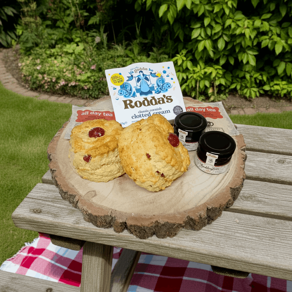 Bakewell scones with jam and cream. A perfect cream tea delivered