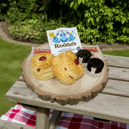 Bakewell scones with jam and cream. A perfect cream tea delivered