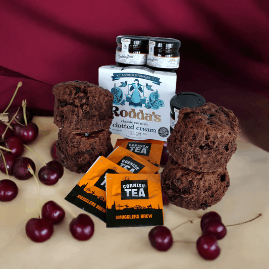 delicious freshly baked double chocolate and cherry scones with cherry jam and rodda's cream delivered