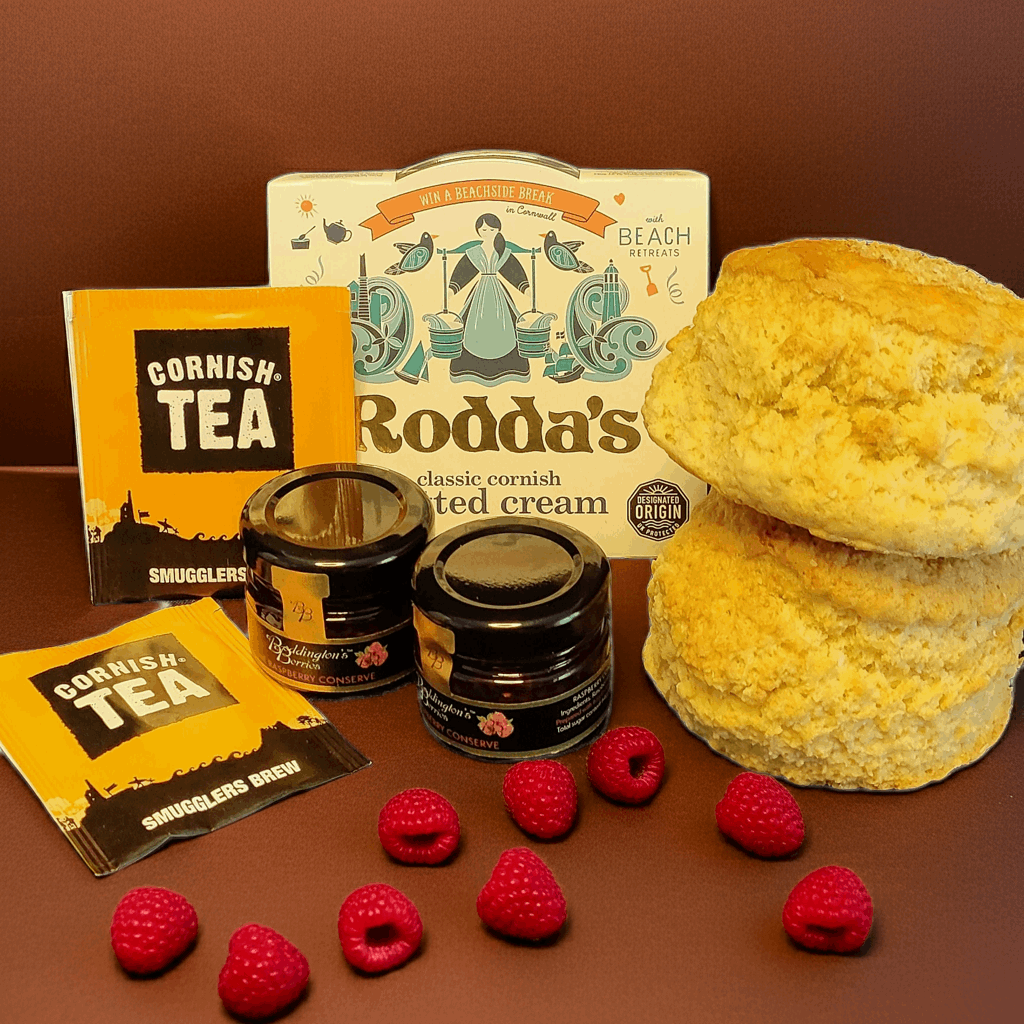 Freshly baked Coconut scones with Raspberry Jam and Rodda's clotted cream. Perfect Birthday gift box