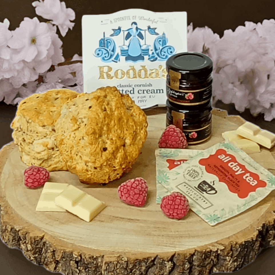 Raspberry and white chocolate cream tea delivered for one